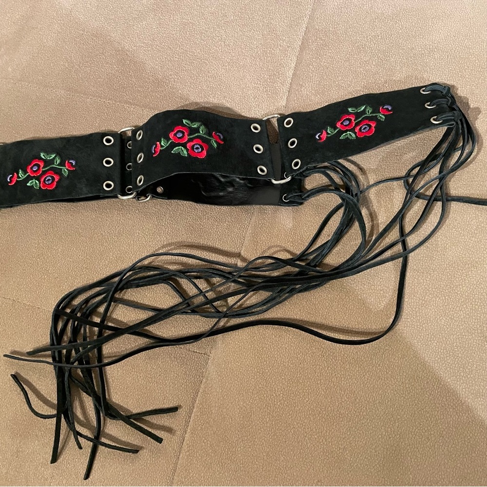 Vintage Fina Firenze Black Embroidered Suede Boho Belt size L